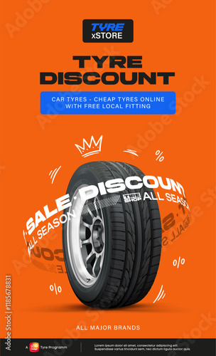 Tyre Discount Poster. Tire Sale out Banner Template. Tyre Shop, Spare Parts and Auto Service promotion.