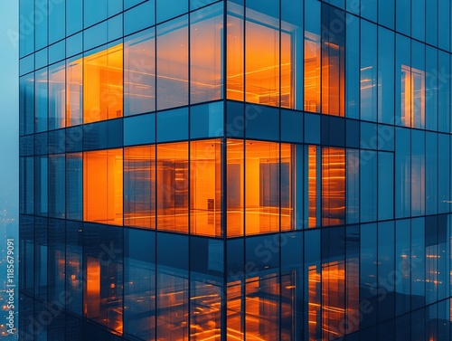 A modern glass building reflecting warm orange light, showcasing contemporary architecture and urban design.