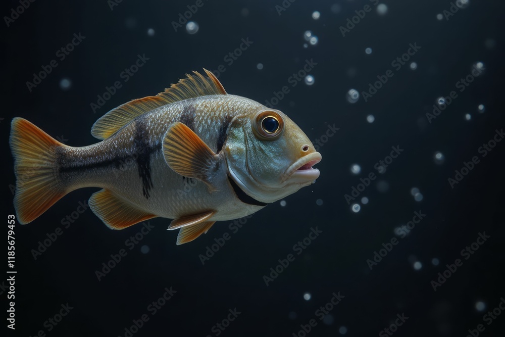 Fototapeta premium A speckled fish swims in dark water