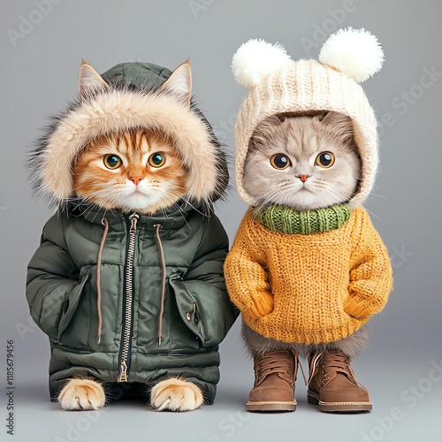 Adorable cats in winter clothing outfits. photo