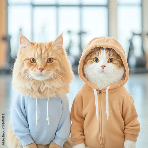 Two stylish cats in cute hoodies indoors. photo