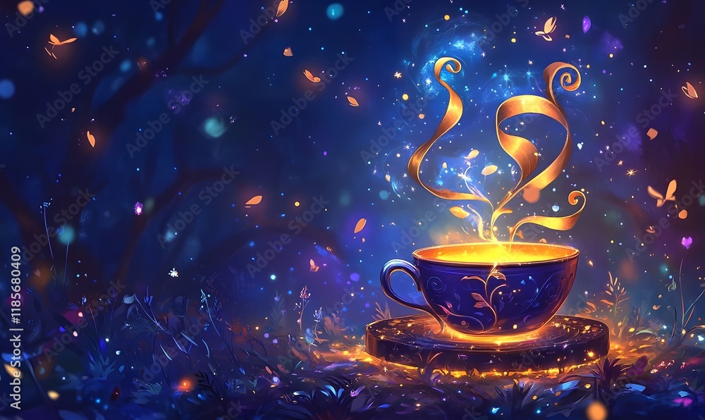 Magical glowing teacup in enchanted forest. Magical glowing teacup in enchanted forest.