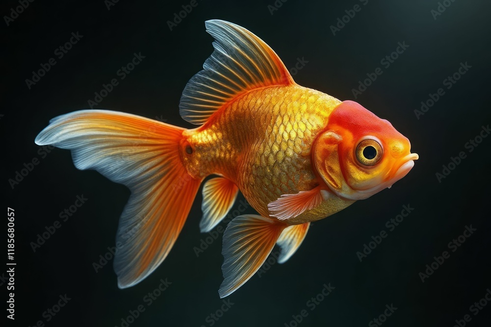A Vibrant Orange Goldfish Swims Against A Dark Background A Vibrant Orange Goldfish Swims Against A Dark Background