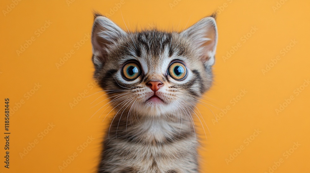 A close-up of a surprised kitten with big blue eyes against a vibrant orange background. A close-up of a surprised kitten with big blue eyes against a vibrant orange background.