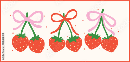 Group of Retro Coquette Strawberries Ribbon bow Berryy love Banner Vintage Aesthetic photo