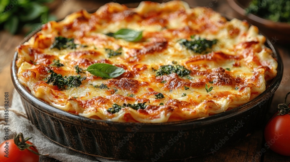 Delectable Baked Lasagna with Melted Cheese and Fresh Basil in Rustic Dish Delectable Baked Lasagna with Melted Cheese and Fresh Basil in Rustic Dish