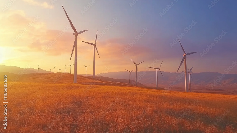 Multiple wind turbines standing in an open field with golden grass, against a dramatic sunset sky, emphasizing renewable energy at dusk. Multiple wind turbines standing in an open field with golden grass, against a dramatic sunset sky, emphasizing renewable energy at dusk.