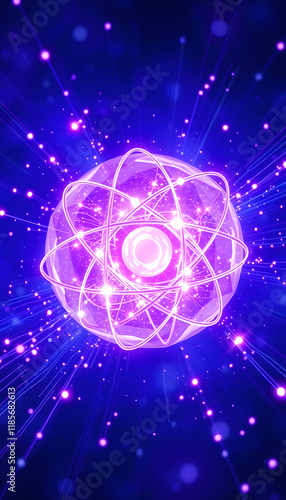 Blue purple energy sphere with glowing bright particles, atom with electrons and elektric magic field scientific futuristic hi-tech abstract background, origami, with white tones photo