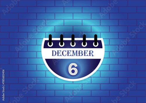 A stylized calendar page displaying December 6th.  The design features a dark blue and white color scheme, set against a textured blue brick wall. Ideal for reminders or event planning.