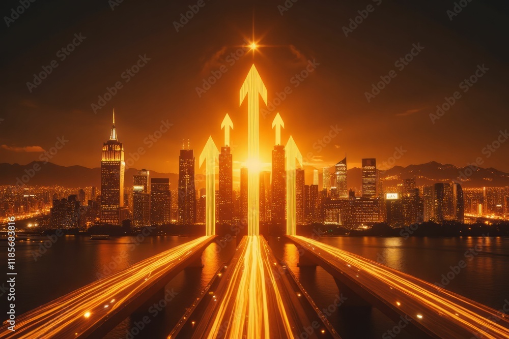 Obraz premium Cityscape at Night with Ascending Arrows Illuminating Progress