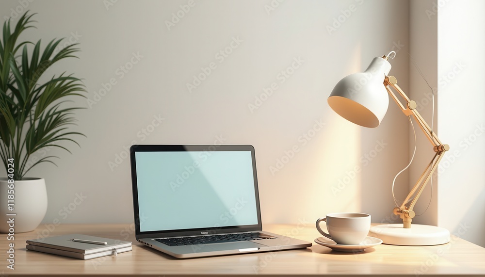 A 3D-rendered stock photo of a minimalist workspace featuring a laptop, a cup of coffee, and a desk lamp. A 3D-rendered stock photo of a minimalist workspace featuring a laptop, a cup of coffee, and a desk lamp.