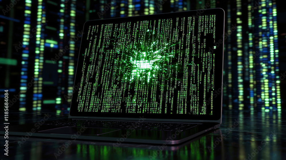 A hacker’s laptop screen shows malicious code infiltrating a corporate network. Background: a dimly lit server room with red warning lights flashing, symbolizing a major cybersecurity breach.