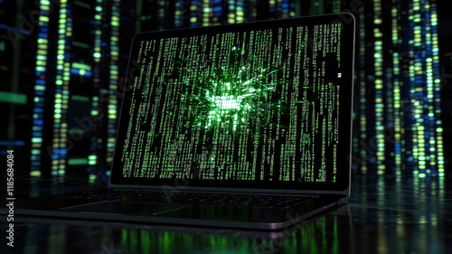 Obraz na płótnie A hacker’s laptop screen shows malicious code infiltrating a corporate network. Background: a dimly lit server room with red warning lights flashing, symbolizing a major cybersecurity breach.
w salonie