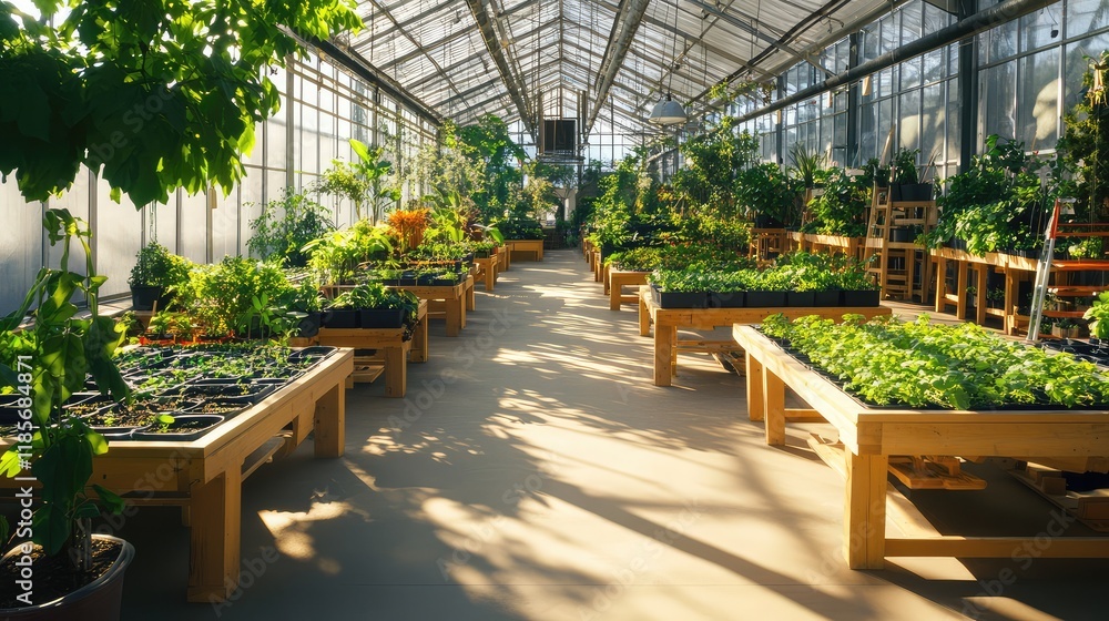 Obraz premium A bright indoor garden with a variety of plants arranged neatly on wooden tables, offering a peaceful environment for inspiration and ample copy space for text.