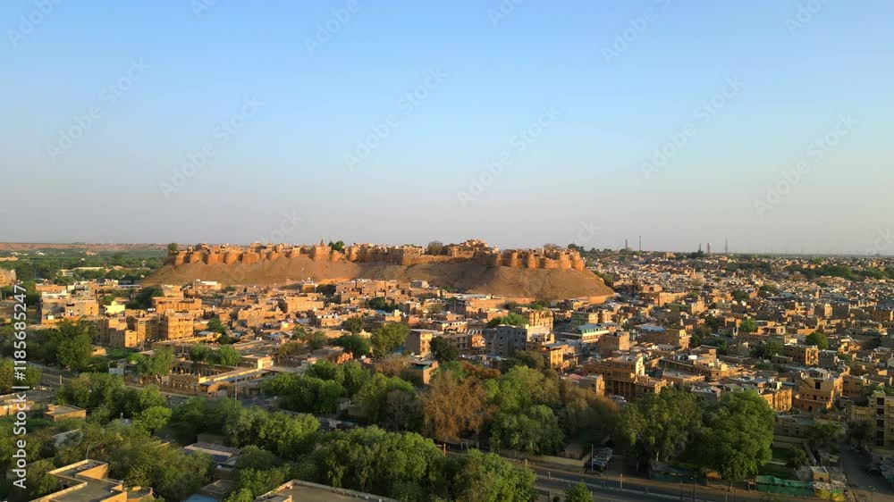 A stunning drone shot of Jaisalmer Fort, Rajasthan, glowing in golden sandstone under a sunny sky the fort towers over a vibrant cityscape India 4K A stunning drone shot of Jaisalmer Fort, Rajasthan, glowing in golden sandstone under a sunny sky the fort towers over a vibrant cityscape India 4K