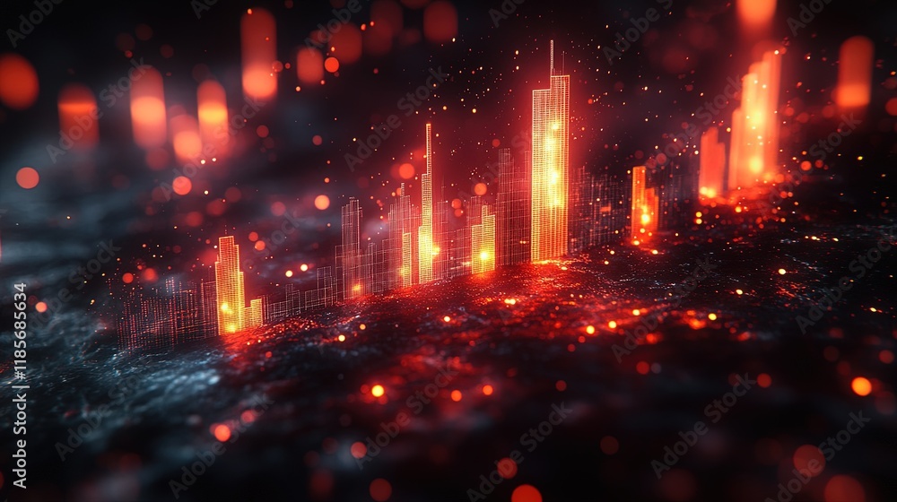 Fototapeta premium A digital landscape featuring glowing skyscrapers and abstract elements, evoking a futuristic cityscape.