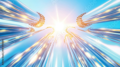 Celestial Speed: Abstract art depicting a futuristic, high-speed journey through a radiant, celestial landscape.  The image evokes a sense of wonder and limitless possibilities.