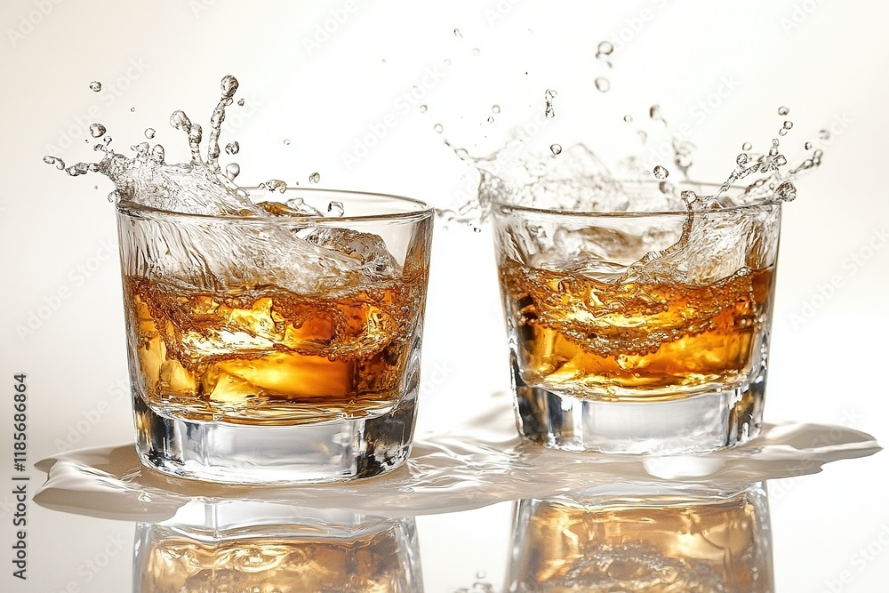 Two glasses of whiskey with splashes, showcasing a refreshing drink moment. Two glasses of whiskey with splashes, showcasing a refreshing drink moment.
