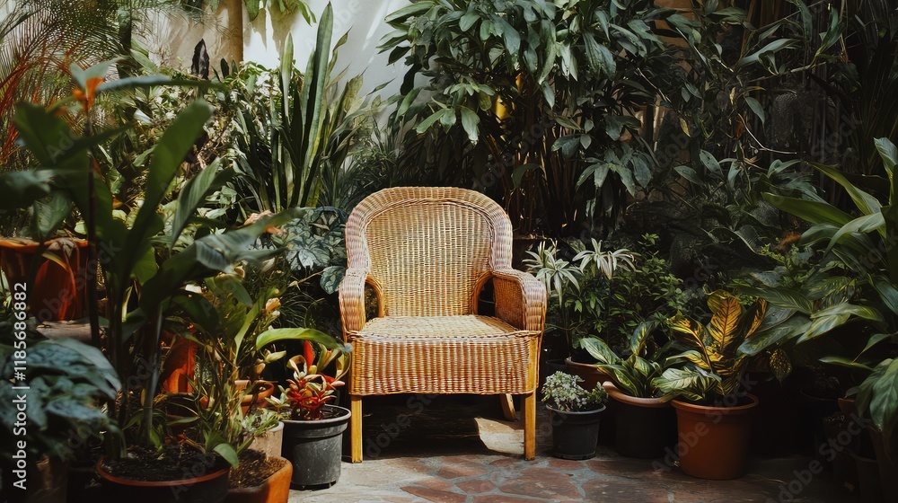 A cozy garden nook with a wicker chair surrounded by potted plants, creating a perfect space for creative garden ideas and copy space. A cozy garden nook with a wicker chair surrounded by potted plants, creating a perfect space for creative garden ideas and copy space.