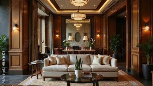 Elegant Living Room with Wooden Paneling and Crystal Chandeliers