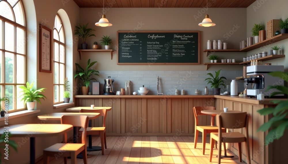 A 3D-rendered stock photo of a cozy coffee shop interior with wooden tables, a counter, and a chalkboard menu. A 3D-rendered stock photo of a cozy coffee shop interior with wooden tables, a counter, and a chalkboard menu.