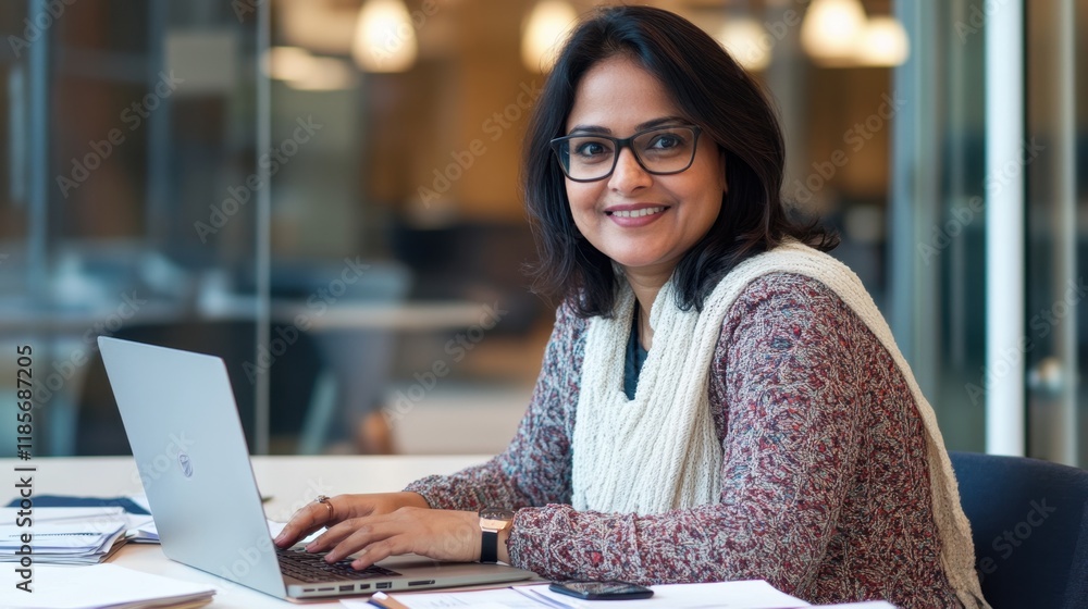Indian woman working diligently at a laptop in a modern office setting with a smile Indian woman working diligently at a laptop in a modern office setting with a smile