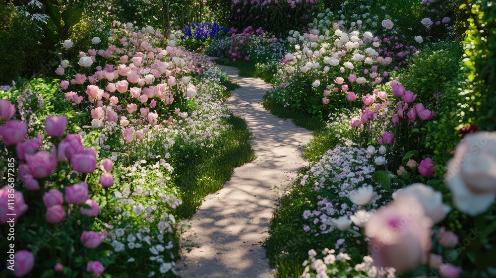 A flower garden path lined with blooming roses, tulips, and daisies, leaving ample room for garden concept ideas and text. A flower garden path lined with blooming roses, tulips, and daisies, leaving ample room for garden concept ideas and text.