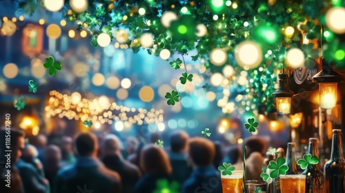 St. Patrick's Day Celebration: An enchanting scene of festive revelry, with a crowd of people gathered under a canopy of shimmering lights and shamrock decorations. photo