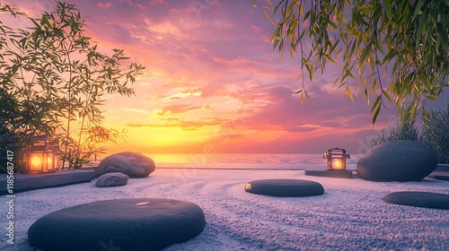 Serene Zen garden sunset beach tranquility peace photo