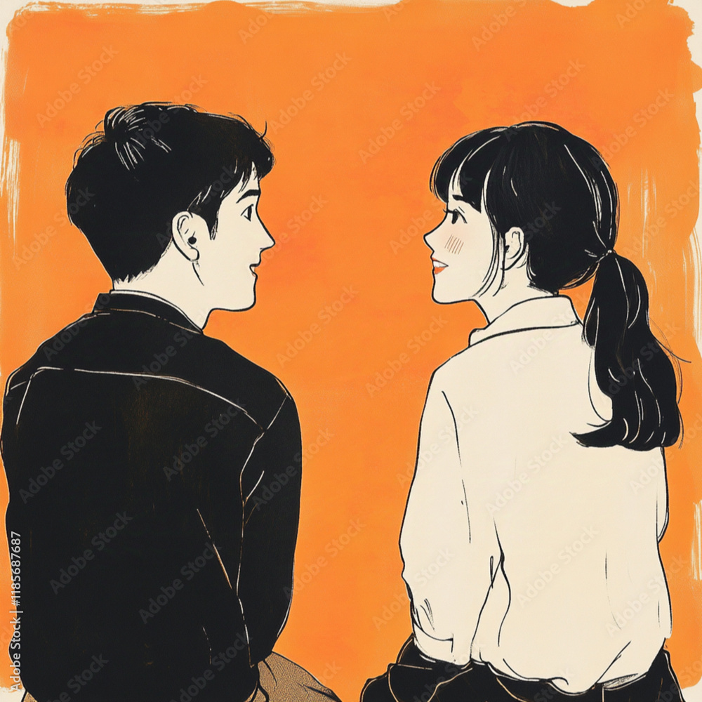 Two young Japanese man and woman, backs, man sitting, woman talking to him, pop taste, funny, illustration, woman looks happy Two young Japanese man and woman, backs, man sitting, woman talking to him, pop taste, funny, illustration, woman looks happy