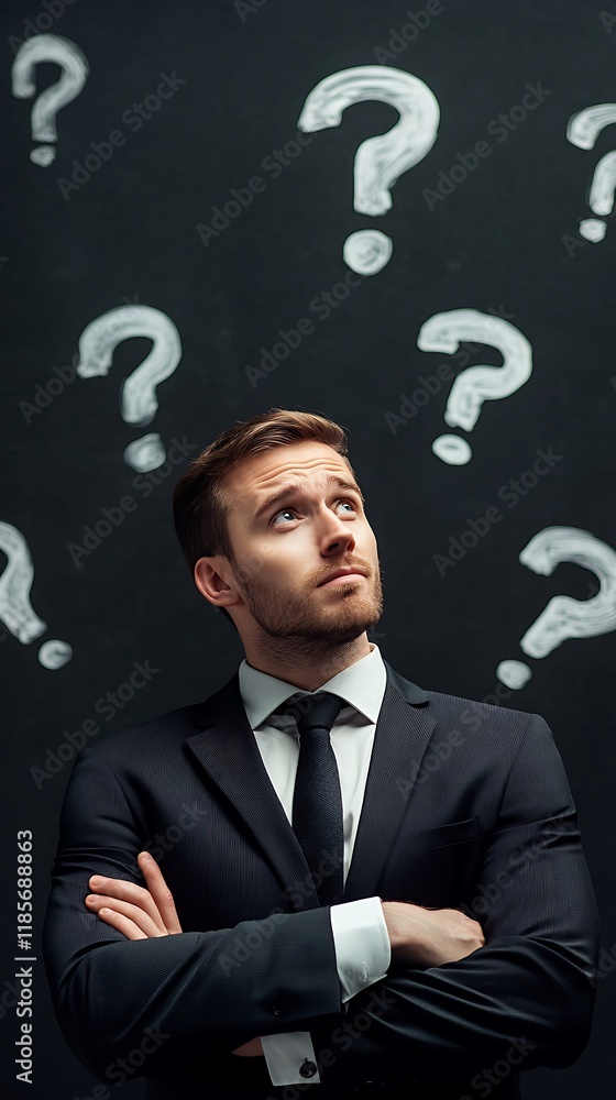 Thoughtful businessman with questions marks Thoughtful businessman with questions marks