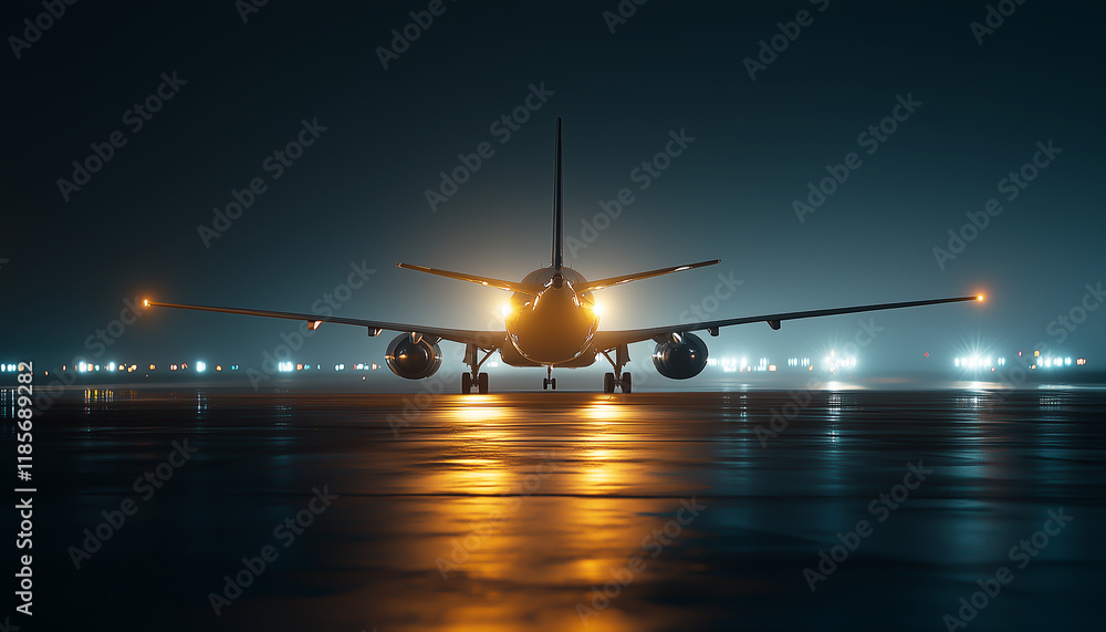 A long exposure shot of an airplane taxiing at night. Generative AI. A long exposure shot of an airplane taxiing at night. Generative AI.