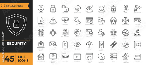 Security icon set. Containingsafety, insurance, data protection, encryption, locked, password, cybersecurity and more. Vector illustration