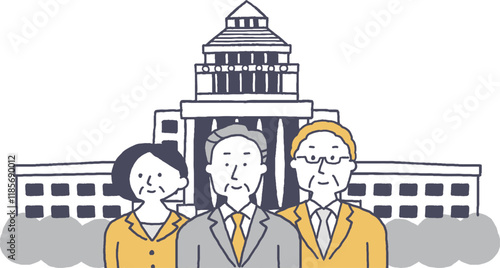 国会議事堂を背景に立つスーツ姿の男女単色