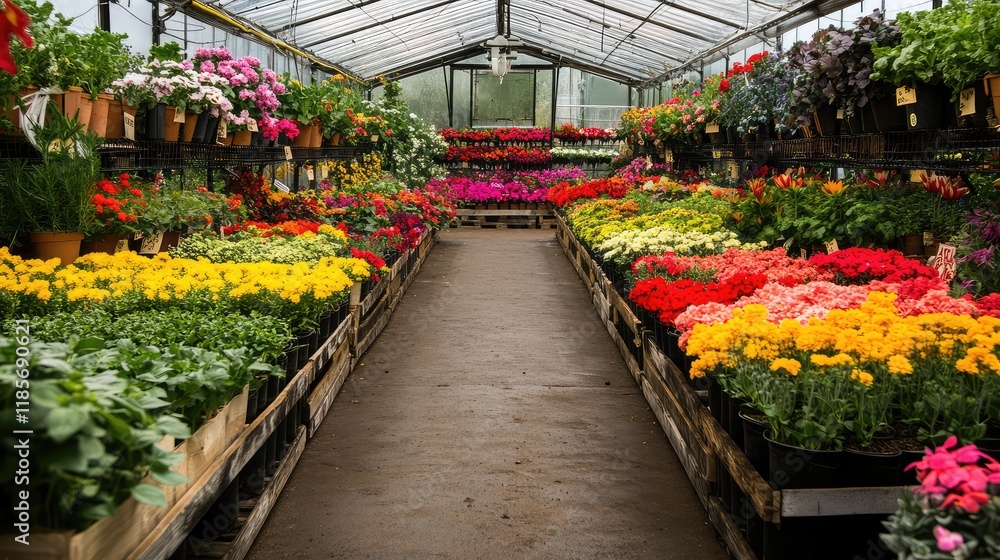 Fototapeta premium A greenhouse garden with neatly organized rows of herbs, flowers, and vegetables, ideal for creative gardening ideas with plenty of space for text.