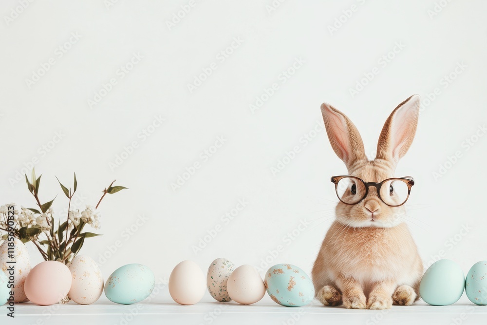 Fototapeta premium Easter Bunny with Glasses: A charming Easter bunny wearing spectacles sits amongst a row of colorful Easter eggs, creating a playful and whimsical scene.
