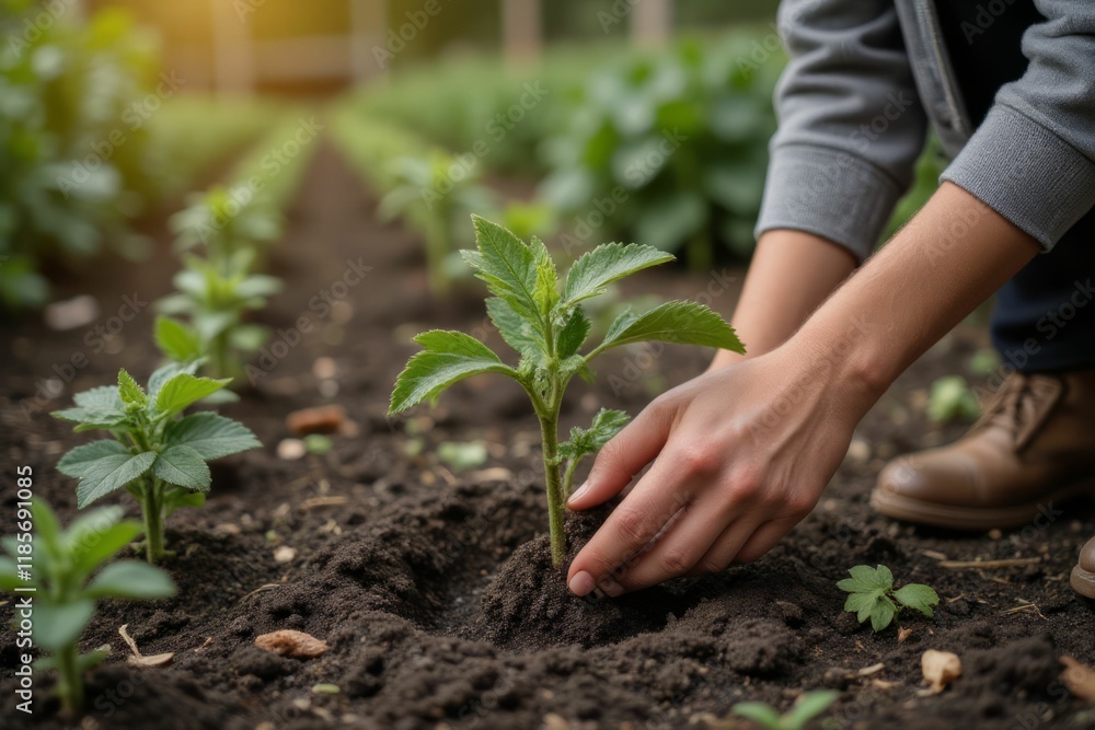 Hands Gently Planting A Young Green Plant In Soil Hands Gently Planting A Young Green Plant In Soil