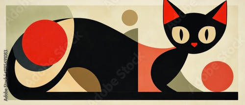 Black cat illustration with geometric shapes in modern art style, ideal for decorative design, pet care promotions, or aesthetic-inspired projects. photo