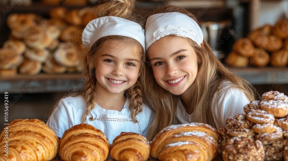 Mother and Daughter Making Fresh Croissants Together in Bakery Mother and Daughter Making Fresh Croissants Together in Bakery