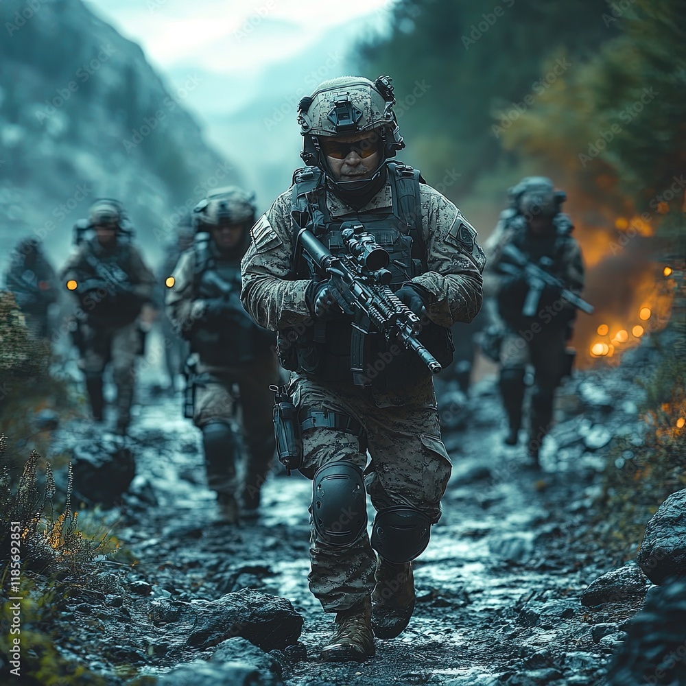 A group of soldiers advancing through a rugged terrain, showcasing teamwork and military readiness in a dynamic environment. A group of soldiers advancing through a rugged terrain, showcasing teamwork and military readiness in a dynamic environment.