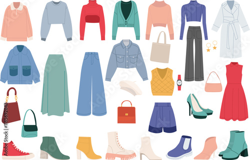 set of women's clothing and shoes, collection on white background vector
