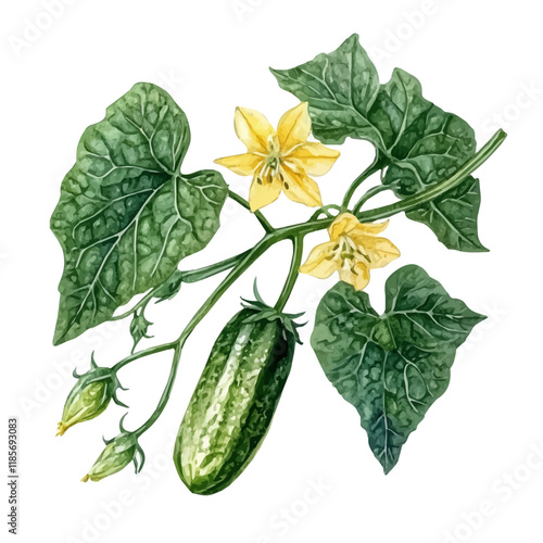 A watercolor vector of a Cucumber Flower branch, isolated on a white background. Cucumber Flower branch vector.
