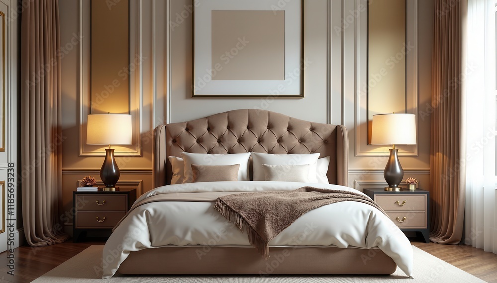 A 3D-rendered stock photo of a luxurious bedroom with a tufted headboard, velvet bedding, and gold accents. A 3D-rendered stock photo of a luxurious bedroom with a tufted headboard, velvet bedding, and gold accents.
