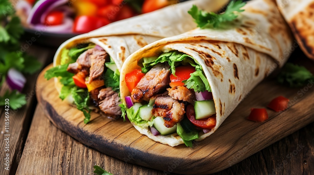 Tortilla wraps with meat and fresh vegetables Tortilla wraps with meat and fresh vegetables