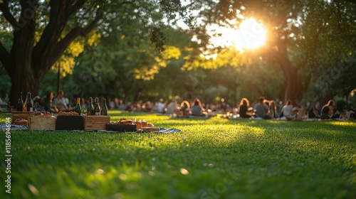 Parisians Enjoying a Community Picnic in a Lush Green Park photo