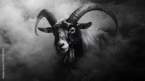 A powerful black and white goat head with sweeping horns framed by a dark mist-filled background photo