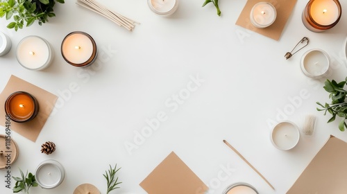 Candlelight and Tranquility: A serene arrangement of candles, greenery, and natural elements creates a cozy and inviting atmosphere. Perfect for showcasing your products, services, or brand message.
