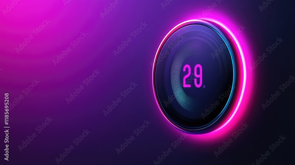 A smart thermostat mounted on a sleek wall with futuristic glowing elements, symbolizing home automation and technology with copy space A smart thermostat mounted on a sleek wall with futuristic glowing elements, symbolizing home automation and technology with copy space