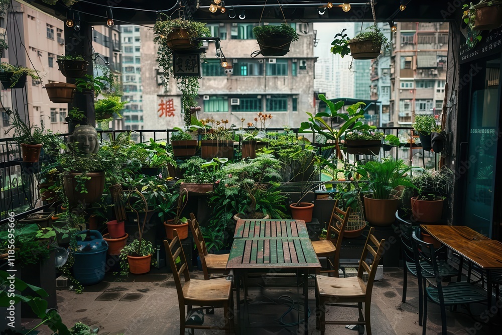 A cozy balcony garden filled with potted plants and a wooden table, perfect for relaxation. A cozy balcony garden filled with potted plants and a wooden table, perfect for relaxation.