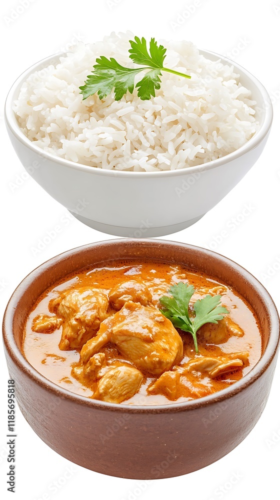 Traditional chicken curry and a bowl of boiled Traditional chicken curry and a bowl of boiled